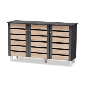 Gisela Modern and Contemporary Two-Tone Oak and Dark Gray 3-Door Shoe Storage Cabinet