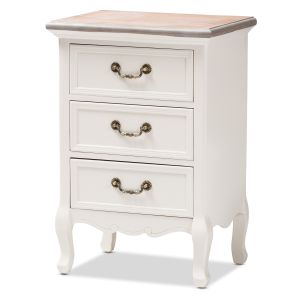 Capucine Antique French Country Cottage Two Tone Natural Whitewashed Oak and White Finished Wood 3-Drawer Nightstand