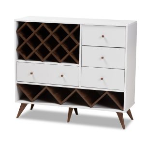 Savino Mid-Century Modern White and Walnut Finished Wood Wine Cabinet