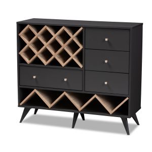 Savino Mid-Century Modern Dark Grey and Oak Finished Wood Wine Cabinet