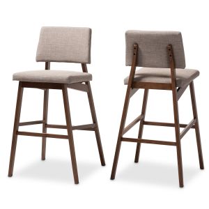 Colton Mid-Century Modern Light Gray Fabric Upholstered and Walnut-Finished Wood Bar Stool Set of 2
