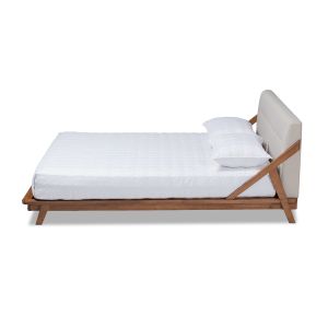 Sante Mid-Century Modern Light Beige Fabric Upholstered Wood Queen Size Platform Bed