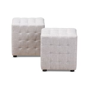 Elladio Modern and Contemporary Greyish Beige Fabric Upholstered Tufted Cube Ottoman Set of 2
