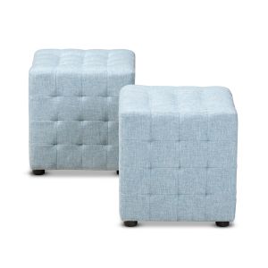 Elladio Modern and Contemporary Light Blue Fabric Upholstered Tufted Cube Ottoman Set of 2