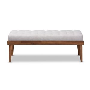 Linus Mid-Century Modern Greyish Beige Fabric Upholstered and Button Tufted Wood Bench