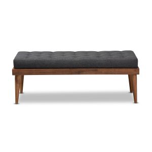 Linus Mid-Century Modern Dark Grey Fabric Upholstered and Button Tufted Wood Bench