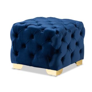 Avara Glam and Luxe Royal Blue Velvet Fabric Upholstered Gold Finished Button Tufted Ottoman