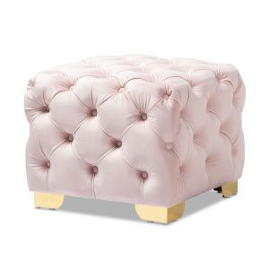 Avara Glam and Luxe Light Pink Velvet Fabric Upholstered Gold Finished Button Tufted Ottoman