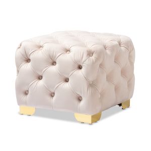 Avara Glam and Luxe Light Beige Velvet Fabric Upholstered Gold Finished Button Tufted Ottoman