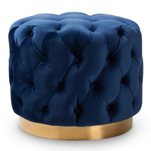 Valeria Glam Royal Blue Velvet Fabric Upholstered Gold-Finished Button Tufted Ottoman