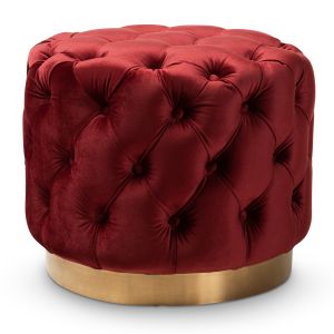 Valeria Glam Burgundy Red Velvet Fabric Upholstered Gold-Finished Button Tufted Ottoman