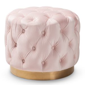 Valeria Glam Light Pink Velvet Fabric Upholstered Gold-Finished Button Tufted Ottoman