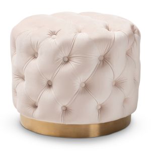 Valeria Glam Light Beige Velvet Fabric Upholstered Gold-Finished Button Tufted Ottoman