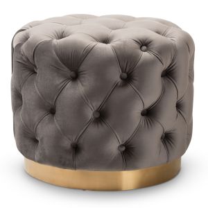 Valeria Glam Gray Velvet Fabric Upholstered Gold-Finished Button Tufted Ottoman