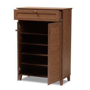 Coolidge Modern and Contemporary Walnut Finished 5-Shelf Wood Shoe Storage Cabinet with Drawer