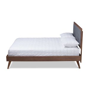 Ines Mid-Century Modern Dark Grey Fabric Upholstered Walnut Brown Finished Wood Queen Size Platform Bed