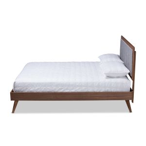 Ines Mid-Century Modern Light Grey Fabric Upholstered Walnut Brown Finished Wood King Size Platform Bed