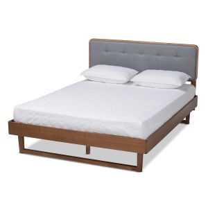 Natalia Mid-Century Modern Dark Grey Fabric Upholstered and Ash Walnut Finished Wood Full Size Platform Bed