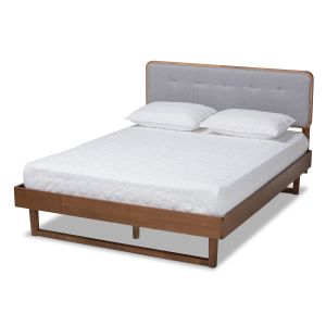 Natalia Mid-Century Modern Light Grey Fabric Upholstered and Ash Walnut Finished Wood Queen Size Platform Bed