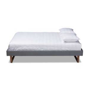 Liliya Mid-Century Modern Dark Grey Fabric Upholstered Walnut Brown Finished Wood Queen Size Platform Bed Frame