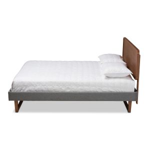 Ayla Mid-Century Modern Dark Grey Fabric Upholstered Walnut Brown Finished Wood Queen Size Platform Bed