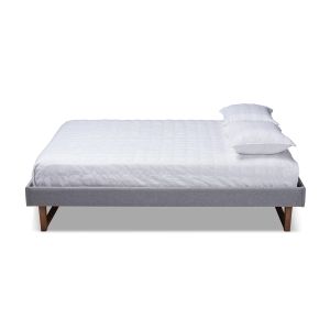 Liliya Mid-Century Modern Light Grey Fabric Upholstered Walnut Brown Finished Wood Full Size Platform Bed Frame