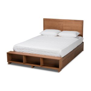 Tamsin Modern Transitional Ash Walnut Brown Finished Wood Queen Size 4-Drawer Platform Storage Bed with Built-In Shelves