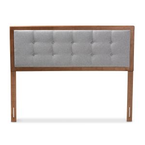 Sarine Mid-Century Modern Light Grey Fabric Upholstered Walnut Brown Finished Wood Queen Size Headboard