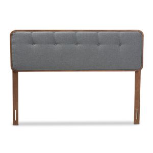 Palina Mid-Century Modern Dark Grey Fabric Upholstered Walnut Brown Finished Wood Queen Size Headboard