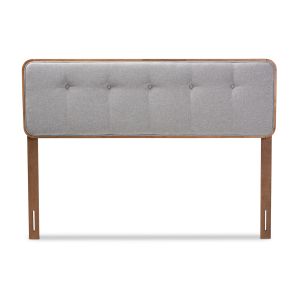 Palina Mid-Century Modern Light Grey Fabric Upholstered Walnut Brown Finished Wood Queen Size Headboard