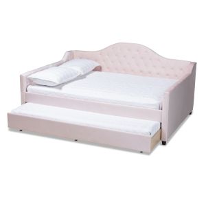 Perry Modern and Contemporary Light Pink Velvet Fabric Upholstered and Button Tufted Full Size Daybed with Trundle