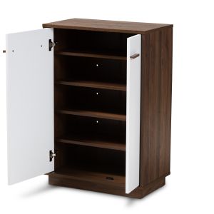 Mette Mid-Century Modern Two-Tone White and Walnut Finished 5-Shelf Wood Entryway Shoe Cabinet 