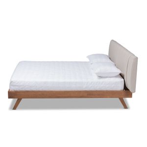 Brita Mid-Century Modern Light Beige Fabric Upholstered Walnut Finished Wood Queen Size Bed