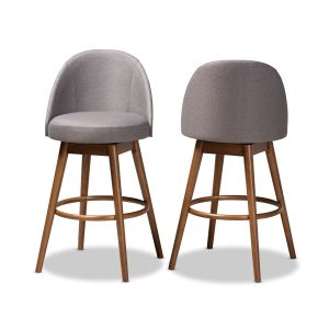 Carra Mid-Century Modern Grey Fabric Upholstered Walnut-Finished Wood Swivel Bar Stool Set of 2
