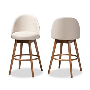 Carra Mid-Century Modern Light Beige Fabric Upholstered Walnut-Finished Wood Swivel Bar Stool Set of 2