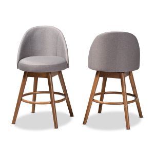 Carra Mid-Century Modern Grey Fabric Upholstered Walnut-Finished Wood Swivel Counter Stool Set of 2