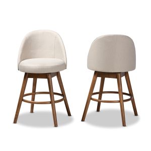 Carra Mid-Century Modern Light Beige Fabric Upholstered Walnut-Finished Wood Swivel Counter Stool Set of 2