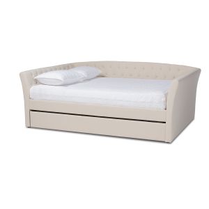 Delora Modern and Contemporary Beige Fabric Upholstered Queen Size Daybed with Roll-Out Trundle Bed