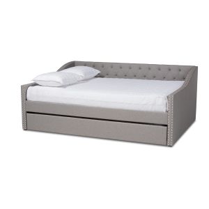 Haylie Modern and Contemporary Light Grey Fabric Upholstered Full Size Daybed with Roll-Out Trundle Bed