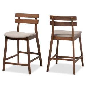 Larine Modern and Contemporary Light Grey Fabric Upholstered Walnut Finished 2-Piece Wood Counter Stool Set