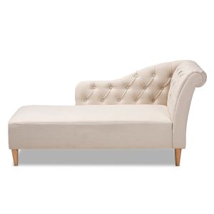 Emeline Modern and Contemporary Beige Fabric Upholstered Oak Finished Chaise Lounge