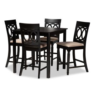 Verina Modern and Contemporary Sand Fabric Upholstered Espresso Brown Finished 5-Piece Wood Pub Set