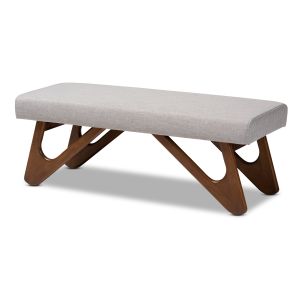 Rika Mid-Century Modern Greyish Beige Fabric Upholstered Walnut Brown Finished Boomerang Bench