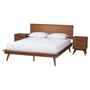 Melora Walnut Brown Finished Wood and Rattan Queen Size 3-Piece Bedroom Set