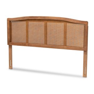 Marieke Mid-Century Modern Ash Wanut Finished Wood and Synthetic Rattan King Size Headboard