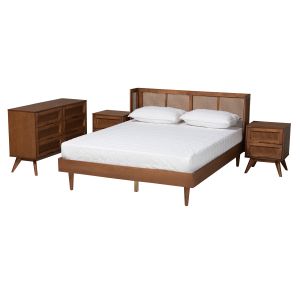 Rina Mid-Century Modern Ash Walnut Finished Wood 4-Piece King Size Bedroom Set with Synthetic Rattan