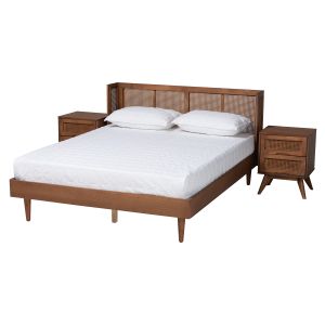 Rina Mid-Century Modern Ash Walnut Finished Wood 3-Piece King Size Bedroom Set with Synthetic Rattan