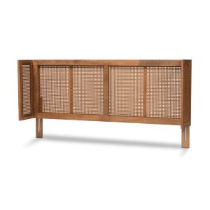 Rina Mid-Century Modern Ash Wanut Finished Wood and Synthetic Rattan King Size Wrap-Around Headboard