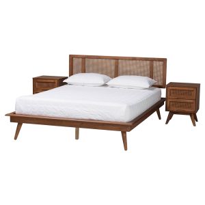 Nura Walnut Brown Finished Wood and Rattan Queen Size 3-Piece Bedroom Set