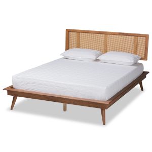 Nura Mid-Century Modern Walnut Brown Finished Wood and Synthetic Rattan King Size Platform Bed